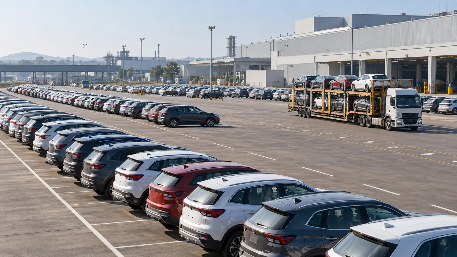 Rows of finished compact SUVs at an Indian vehicle logistics yard