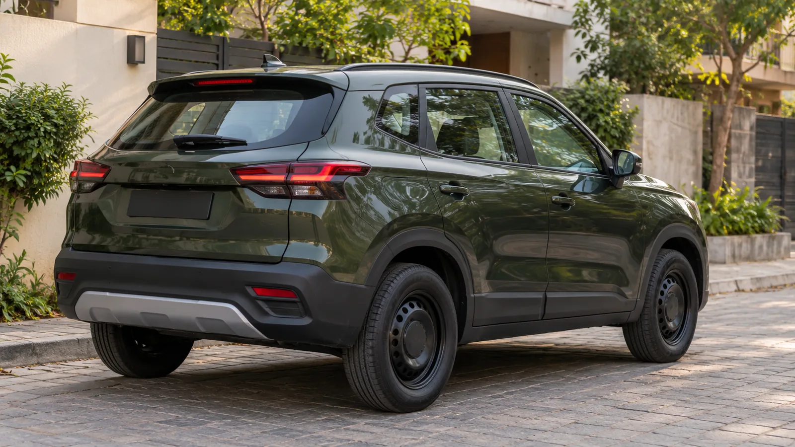 AI-generated generic unbranded olive SUV on a quiet Pune-style lane, not an actual Kia Seltos or official model design