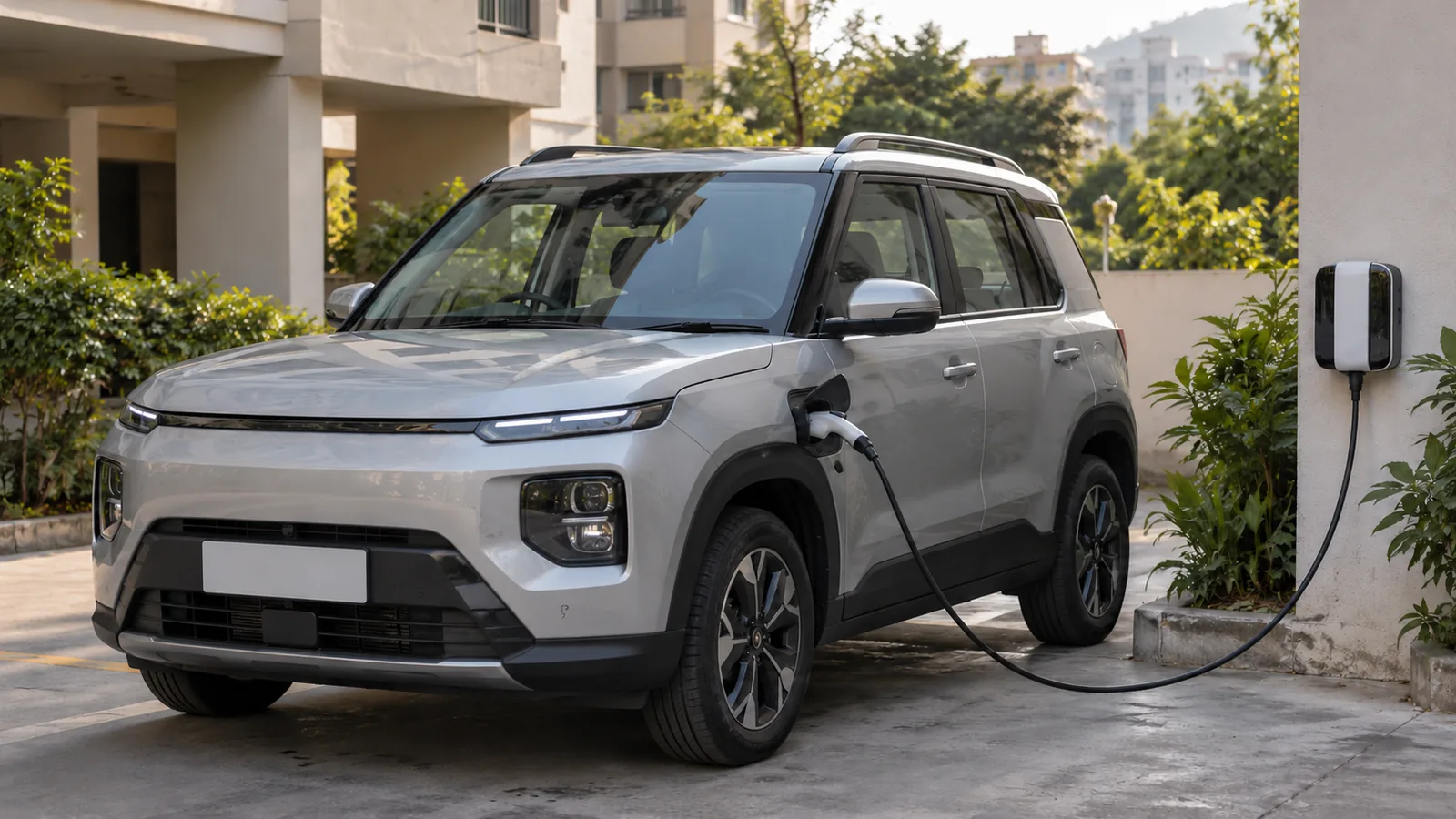 Illustrative unbranded silver compact electric SUV connected to a home charger in Pune