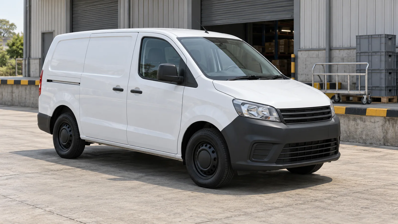 AI-generated generic unbranded panel van outside an illustrative Indian warehouse, not a Kongsberg Automotive vehicle, facility or project