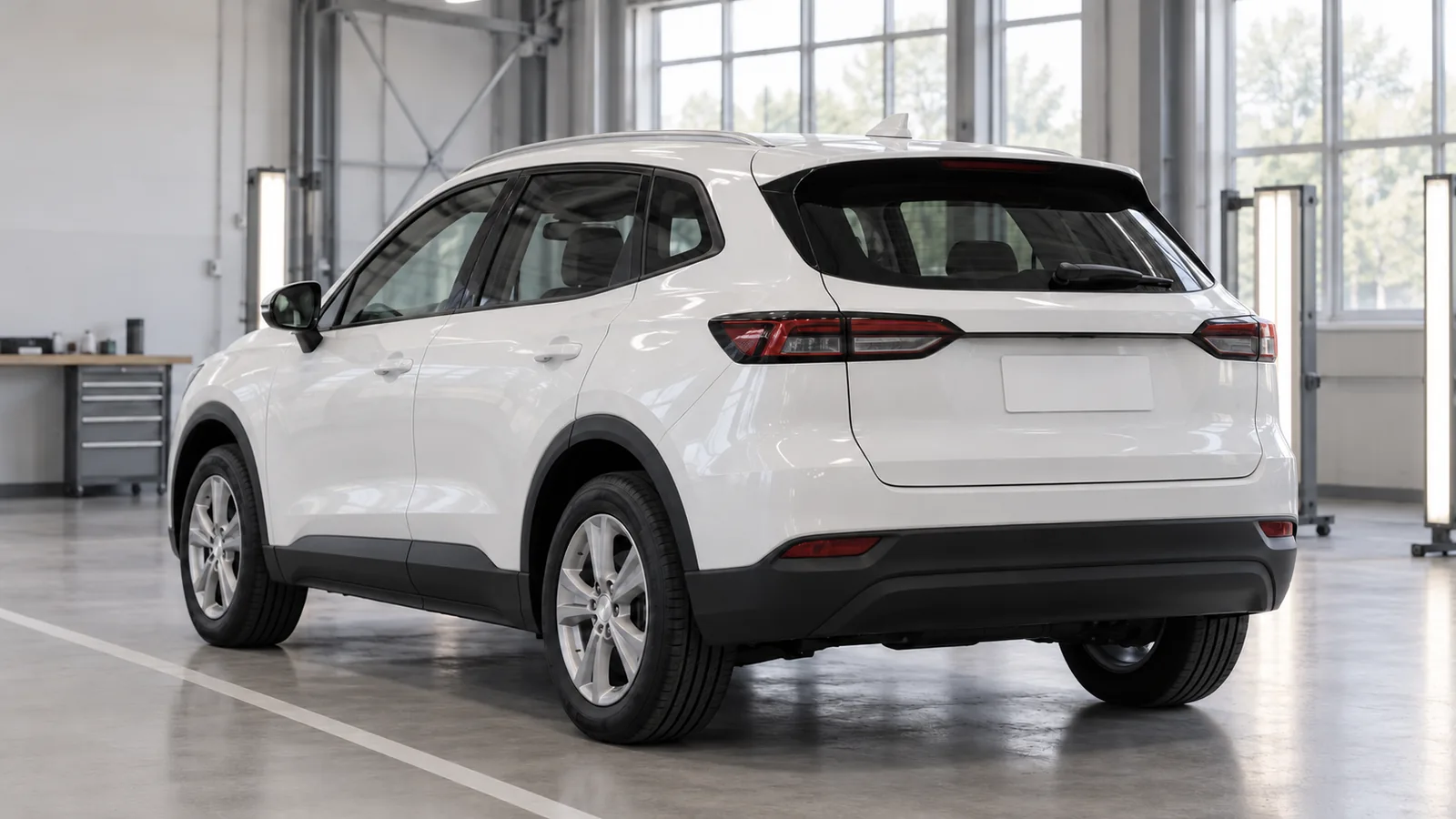 Illustrative unbranded white electric crossover in a clean industrial vehicle inspection studio
