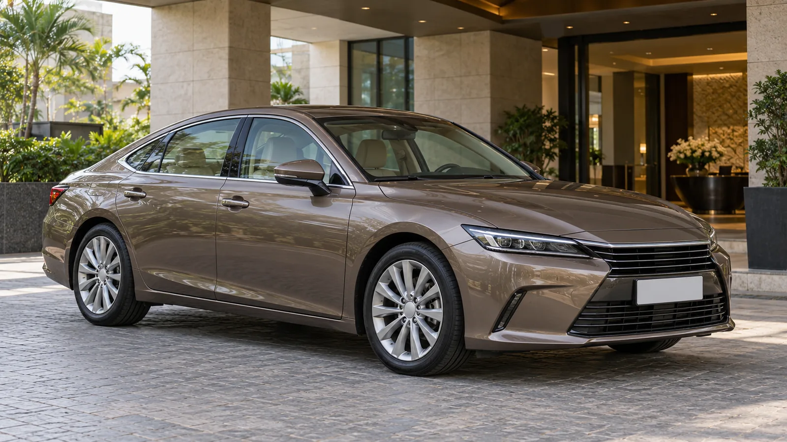 AI-generated illustration of a generic unbranded bronze executive sedan outside an Indian hotel, not an actual Lexus ES 500e