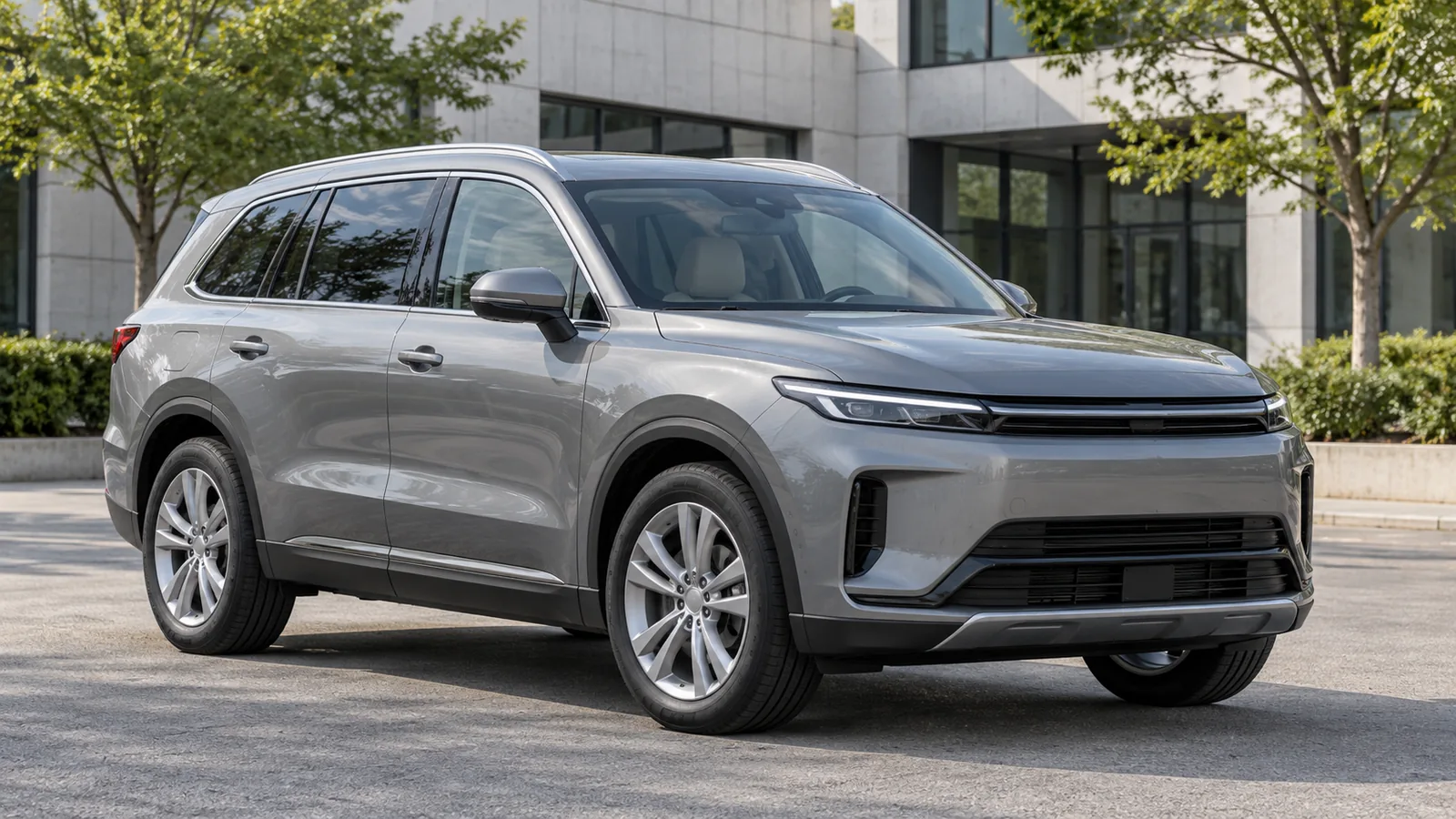 AI-generated illustration of a generic unbranded grey SUV outside an engineering office, not a Li Auto model or an actual MHX facility
