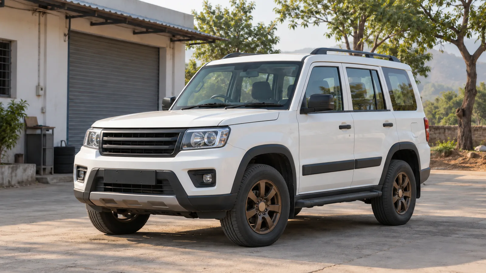 AI-generated illustration of a generic unbranded white utility SUV outside an Indian accessories workshop, not the actual Mahindra Bolero Bold Edition
