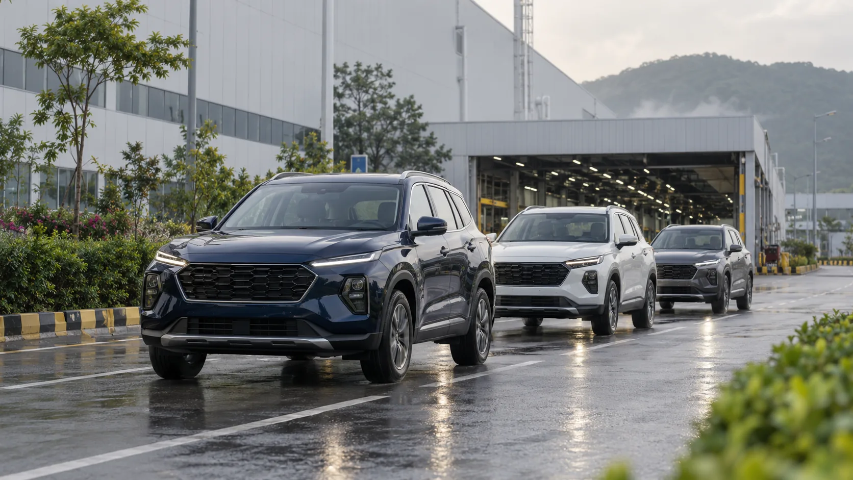 Illustrative unbranded SUVs leaving a modern vehicle manufacturing facility in India