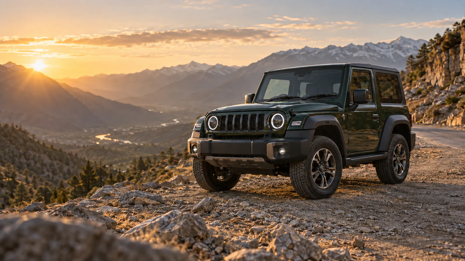 Rugged three-door SUV on a mountain road at sunrise