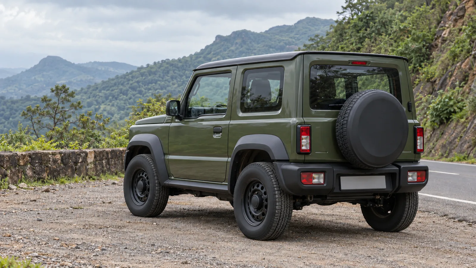 AI-generated generic unbranded olive compact three-door SUV on an illustrative Western Ghats roadside, not an actual Mahindra Thar OG