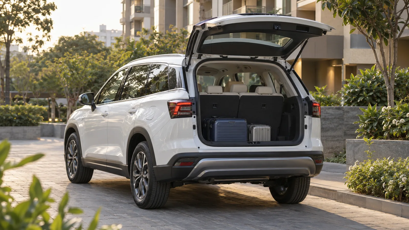 Illustrative unbranded white three-row SUV with luggage at a Pune apartment driveway