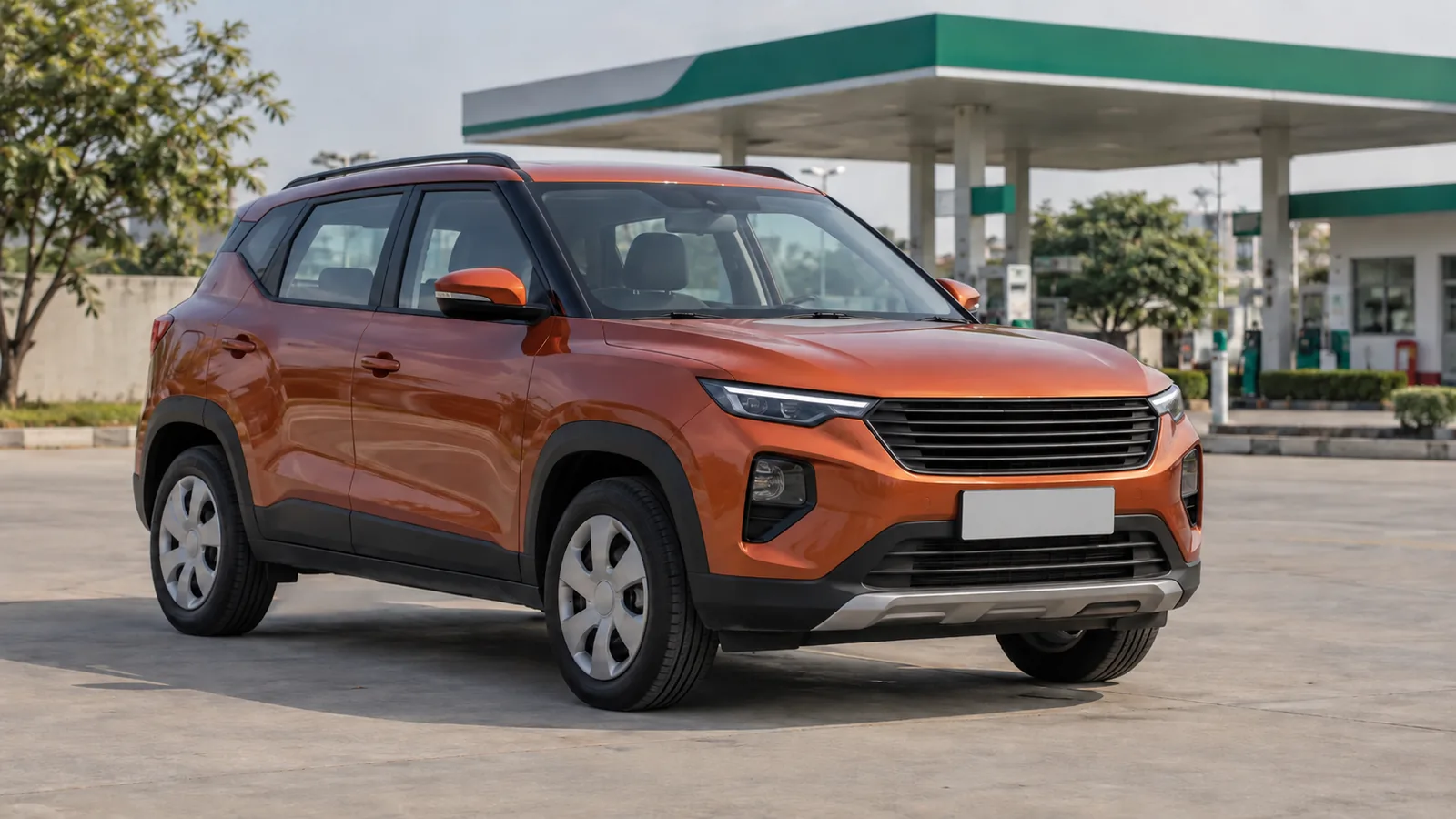 Illustrative unbranded copper-orange compact SUV parked at a generic Indian fuel-station forecourt