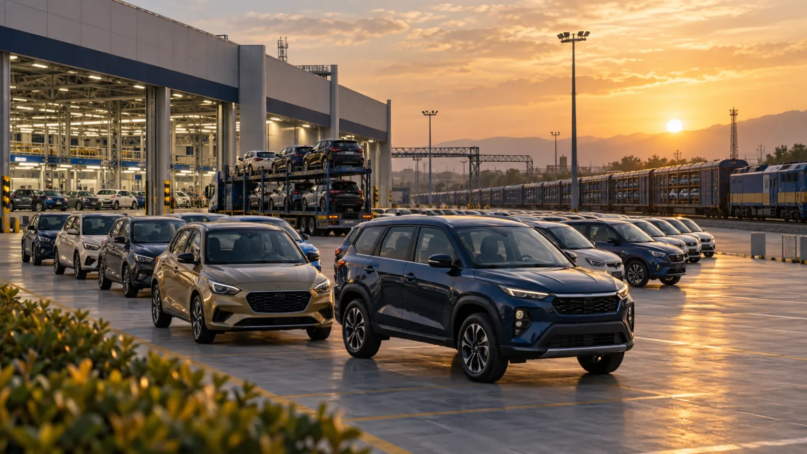 Illustrative scene of cars at an Indian automotive distribution hub