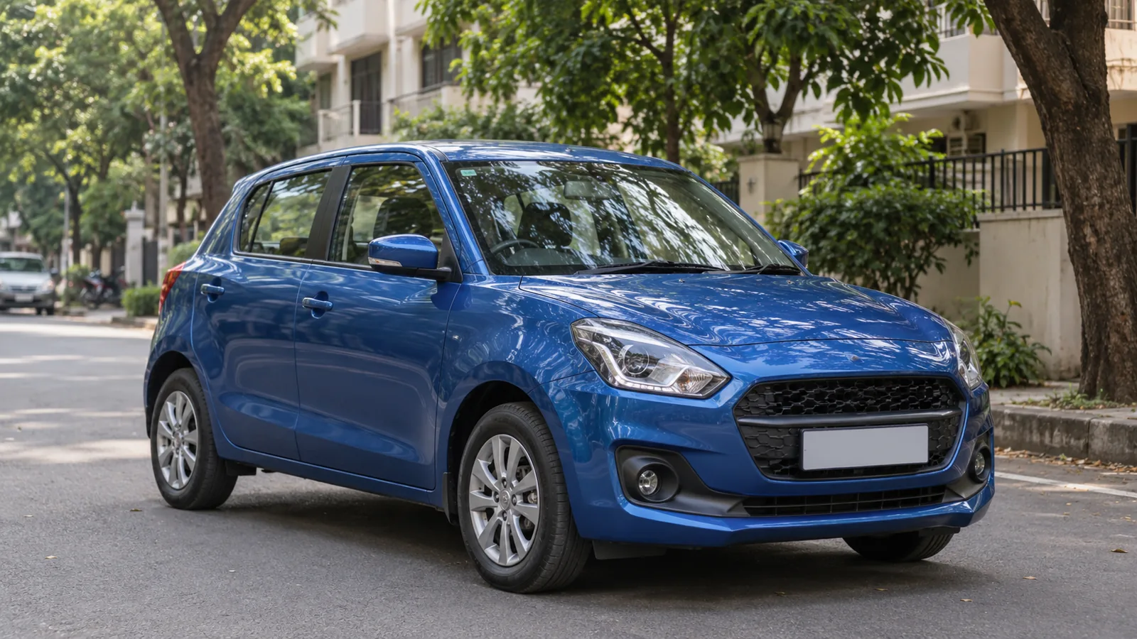 Illustrative unbranded blue compact hatchback on a leafy residential street in Pune