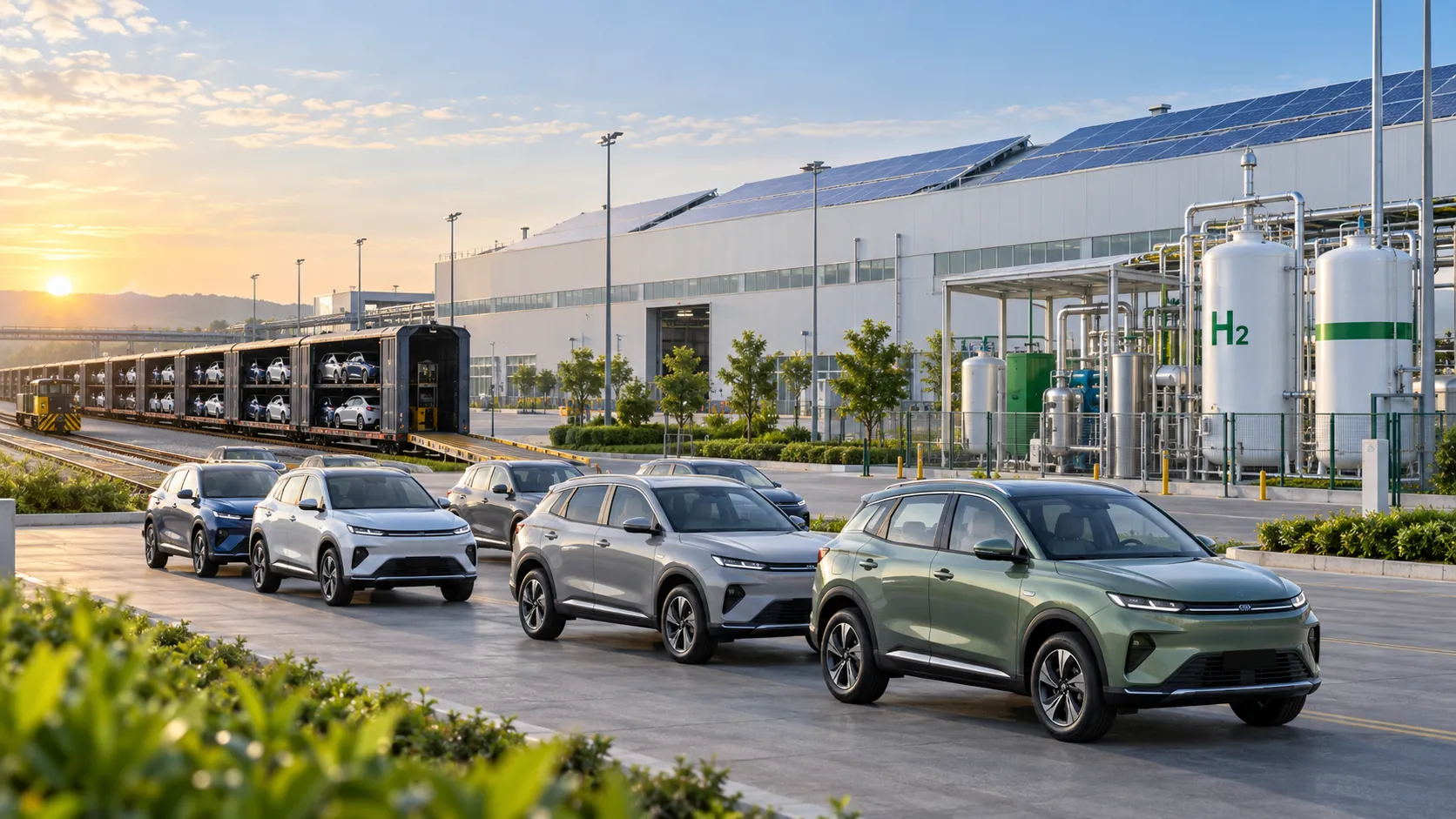 Modern Indian car factory with solar power, hydrogen equipment and rail dispatch