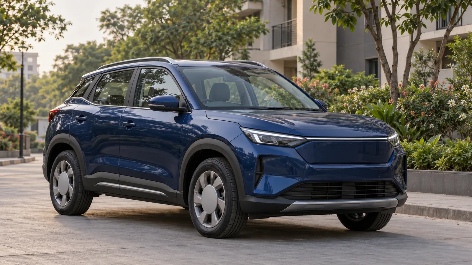 AI-generated illustration of a generic unbranded blue electric crossover beside Indian apartments, not an actual Maruti Suzuki e VITARA