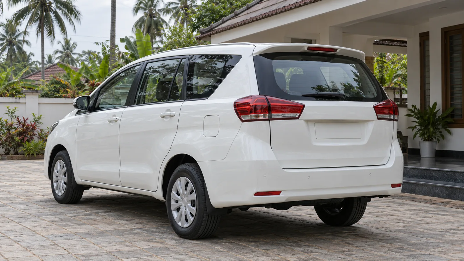 AI-generated generic unbranded white family MPV outside an illustrative Kerala home, not an actual Maruti Suzuki Invicto