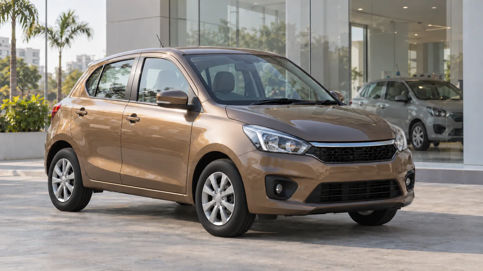 AI-generated generic bronze compact hatchback at an Indian delivery courtyard, not a Maruti Suzuki vehicle or dealership