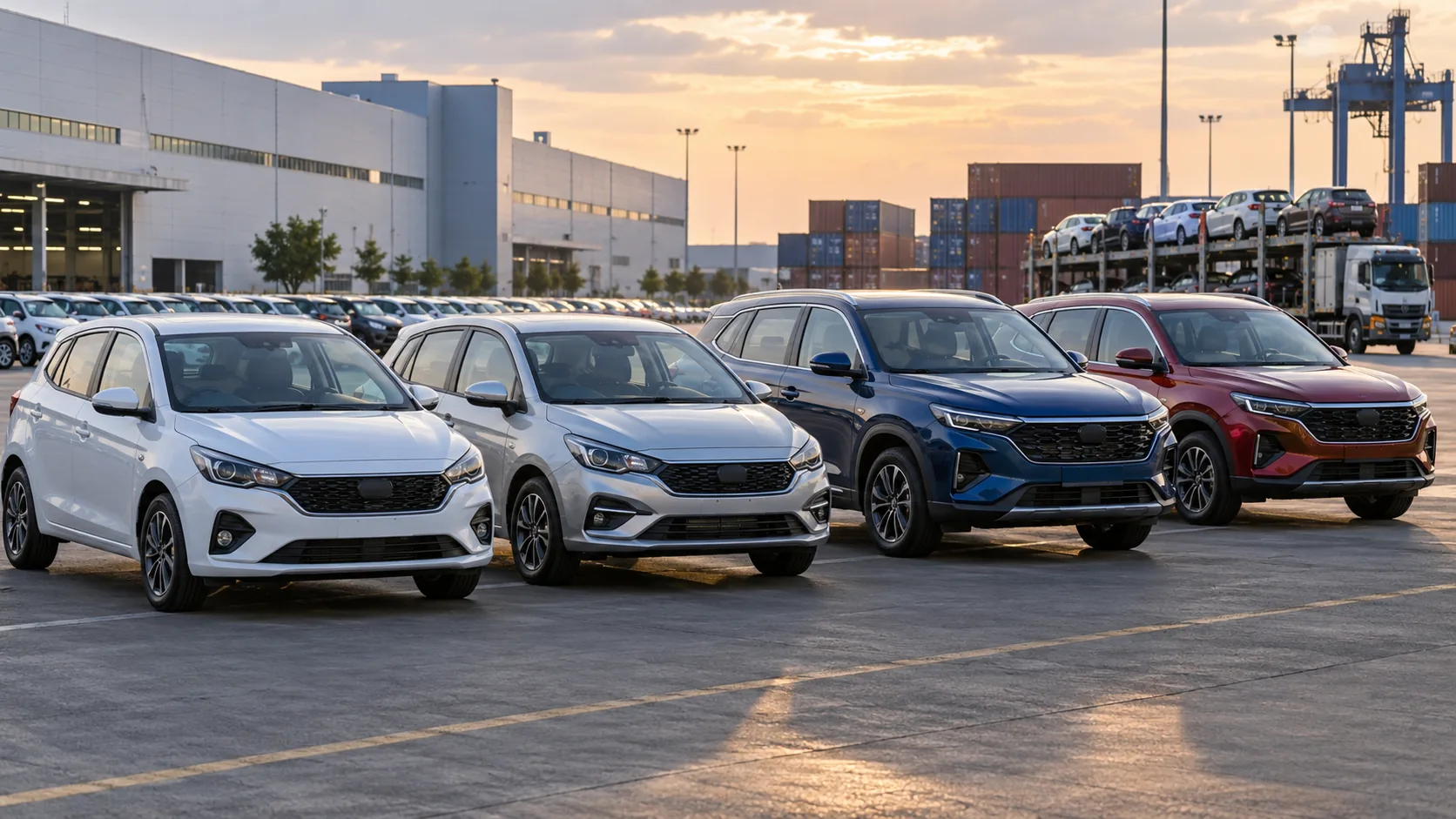 Illustrative unbranded hatchbacks and SUVs in an Indian factory dispatch and export yard