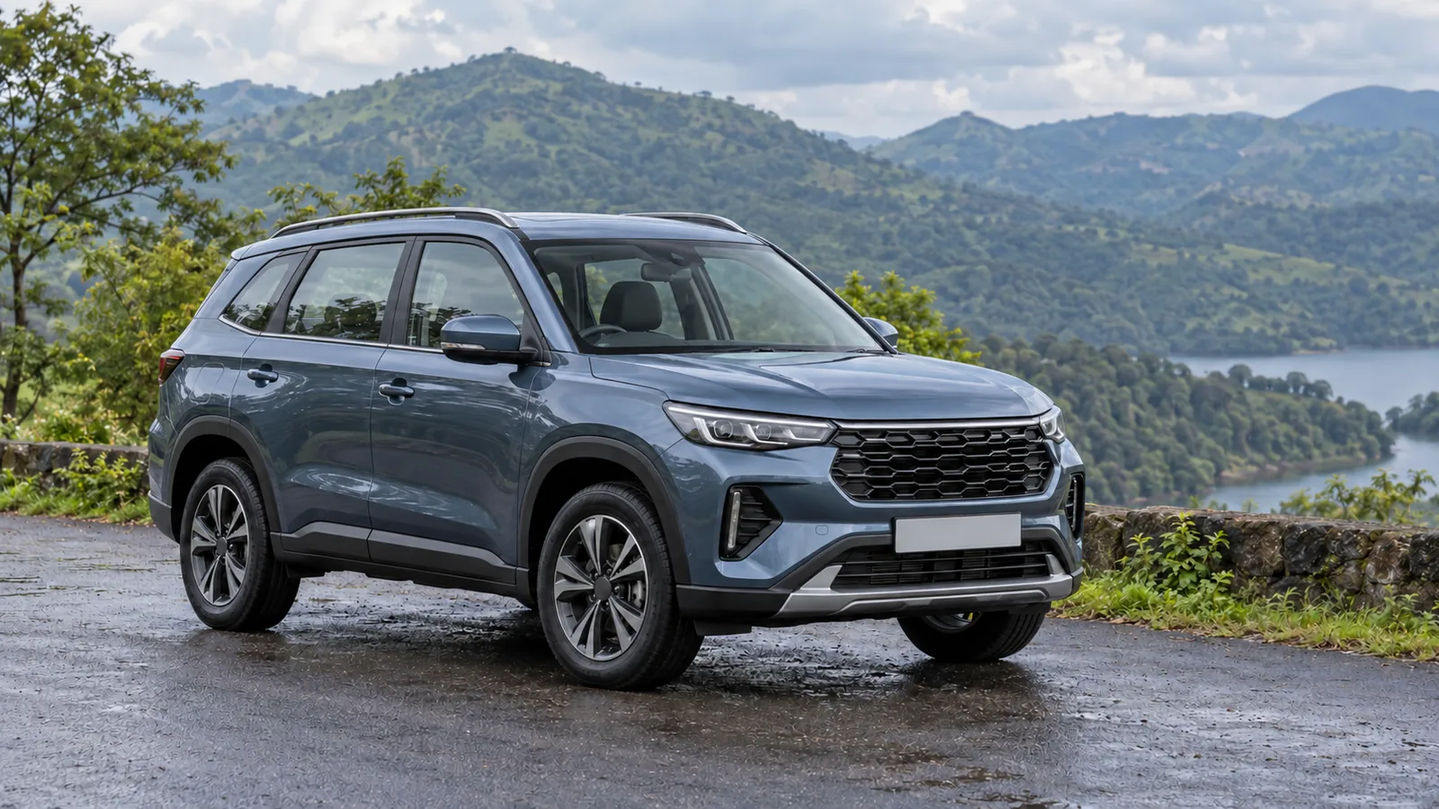 Generic unbranded blue SUV parked on a damp paved Indian hill-road pull-off, illustrative scene