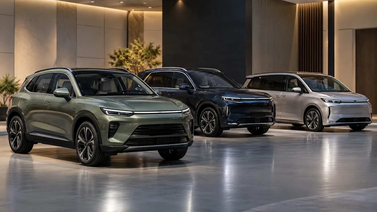 Illustrative unbranded premium SUVs and electric MPV in a modern showroom
