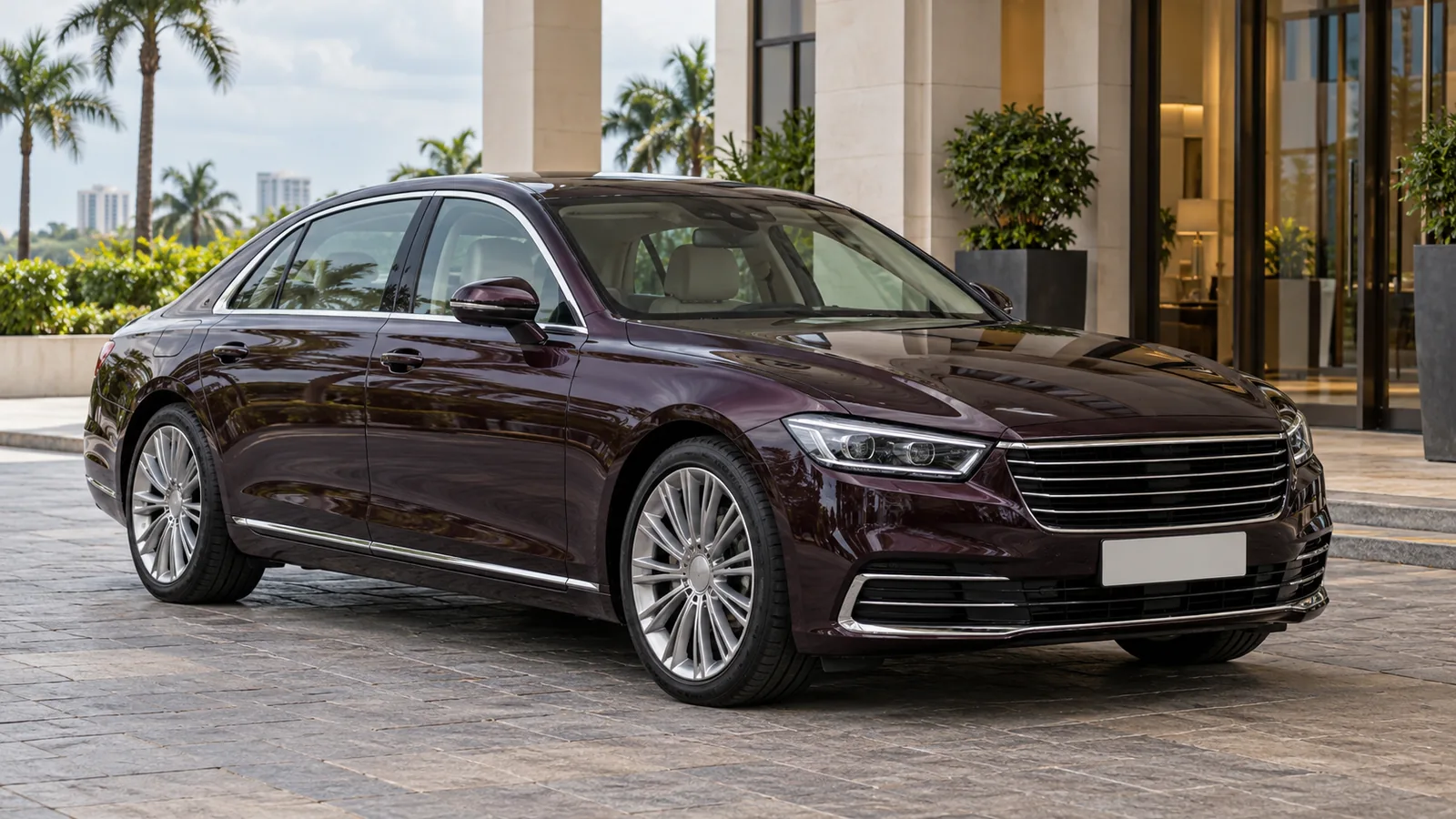 Generic unbranded aubergine luxury saloon outside a modern Indian hotel, illustrative scene