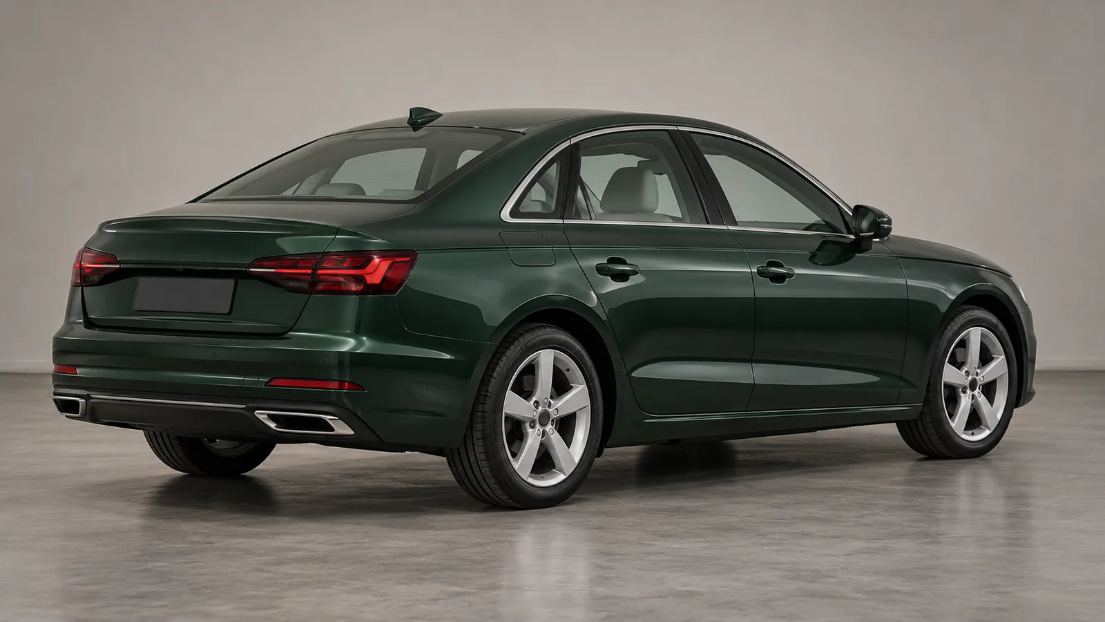 AI-generated generic unbranded forest-green executive sedan in a photographic studio, not a Mercedes-Benz model or official design