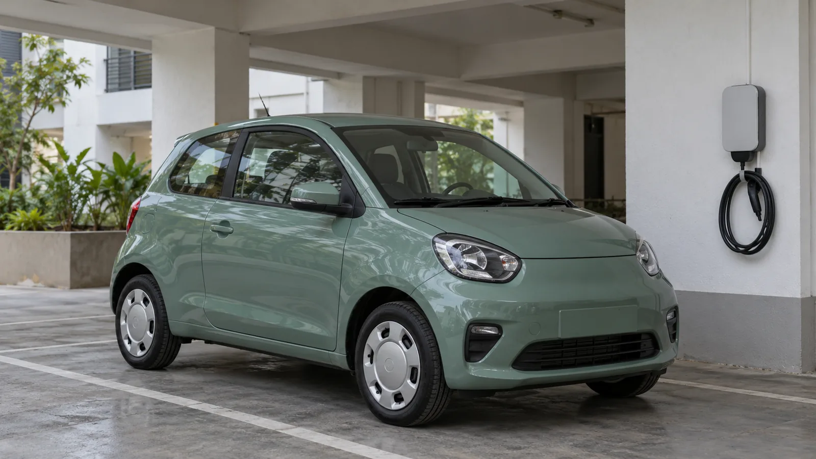 AI-generated illustration of a generic unbranded city hatchback beside a wallbox in India, not an MG Comet or an official charging installation