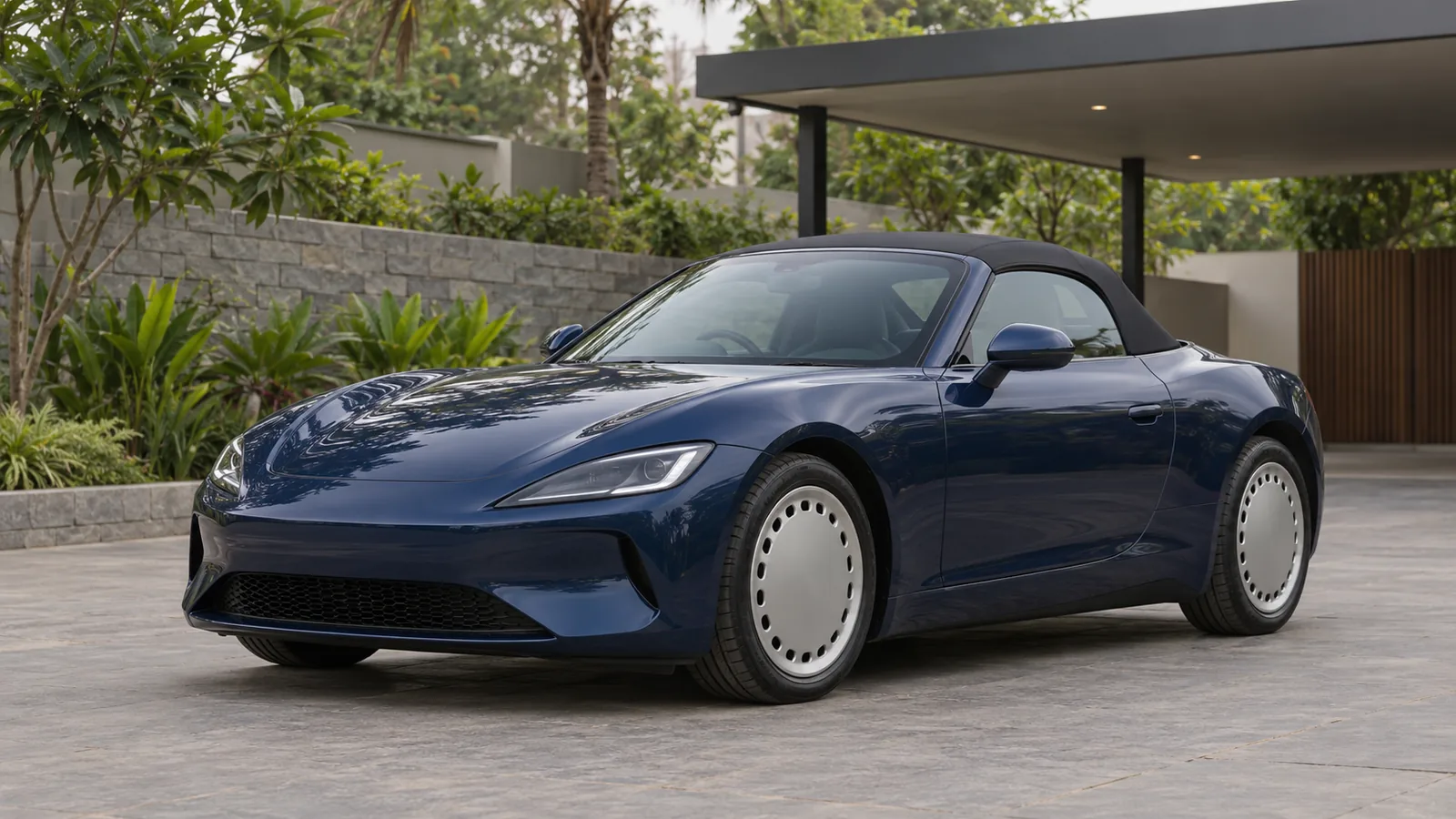 AI-generated generic unbranded navy roadster with its fabric roof raised in a Bengaluru-style driveway, not an actual MG Cyberster or official design