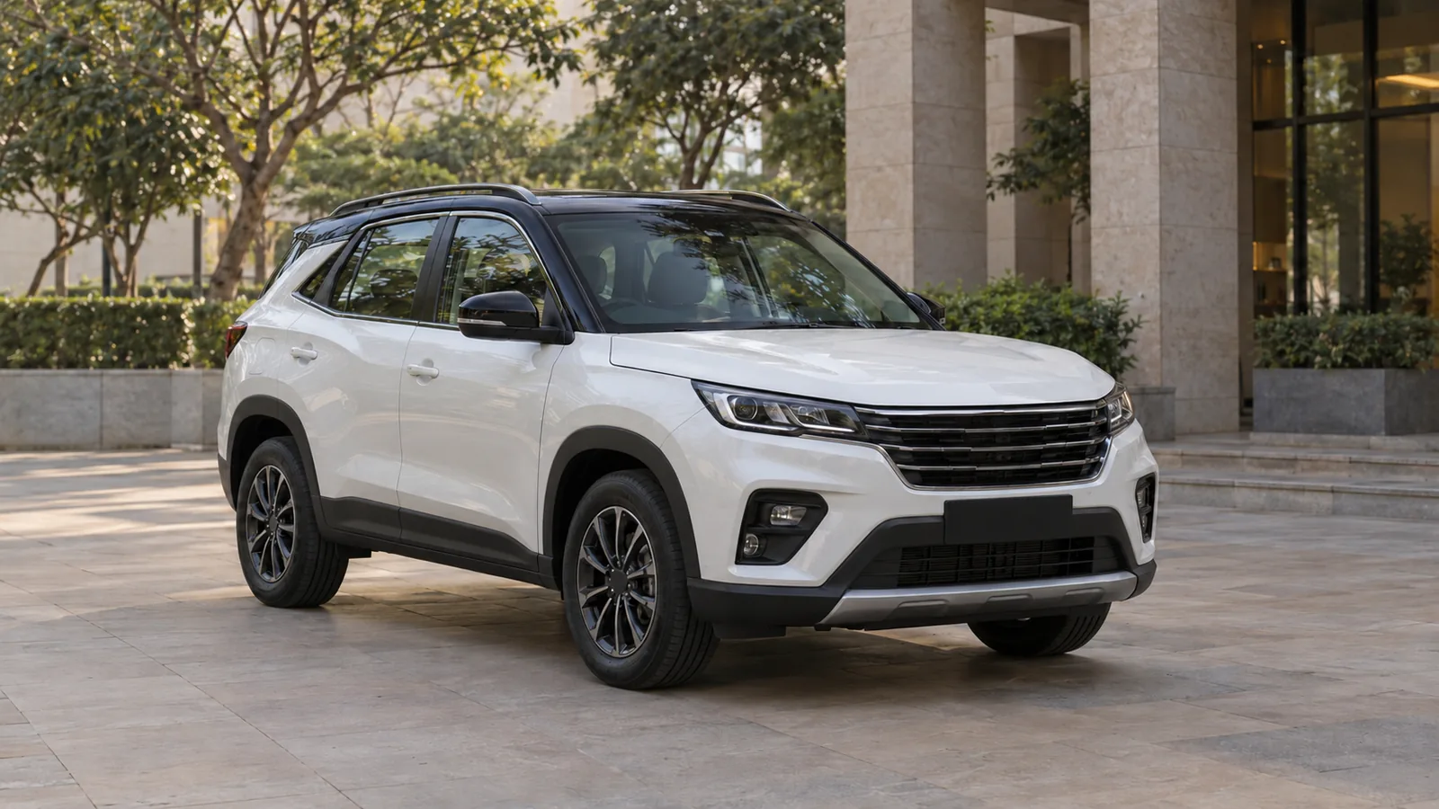 Illustrative generic white SUV with a black roof parked in a contemporary Indian courtyard