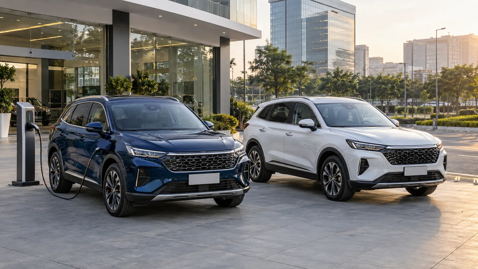 Illustrative unbranded electric and plug-in-hybrid SUVs outside a modern Indian dealership