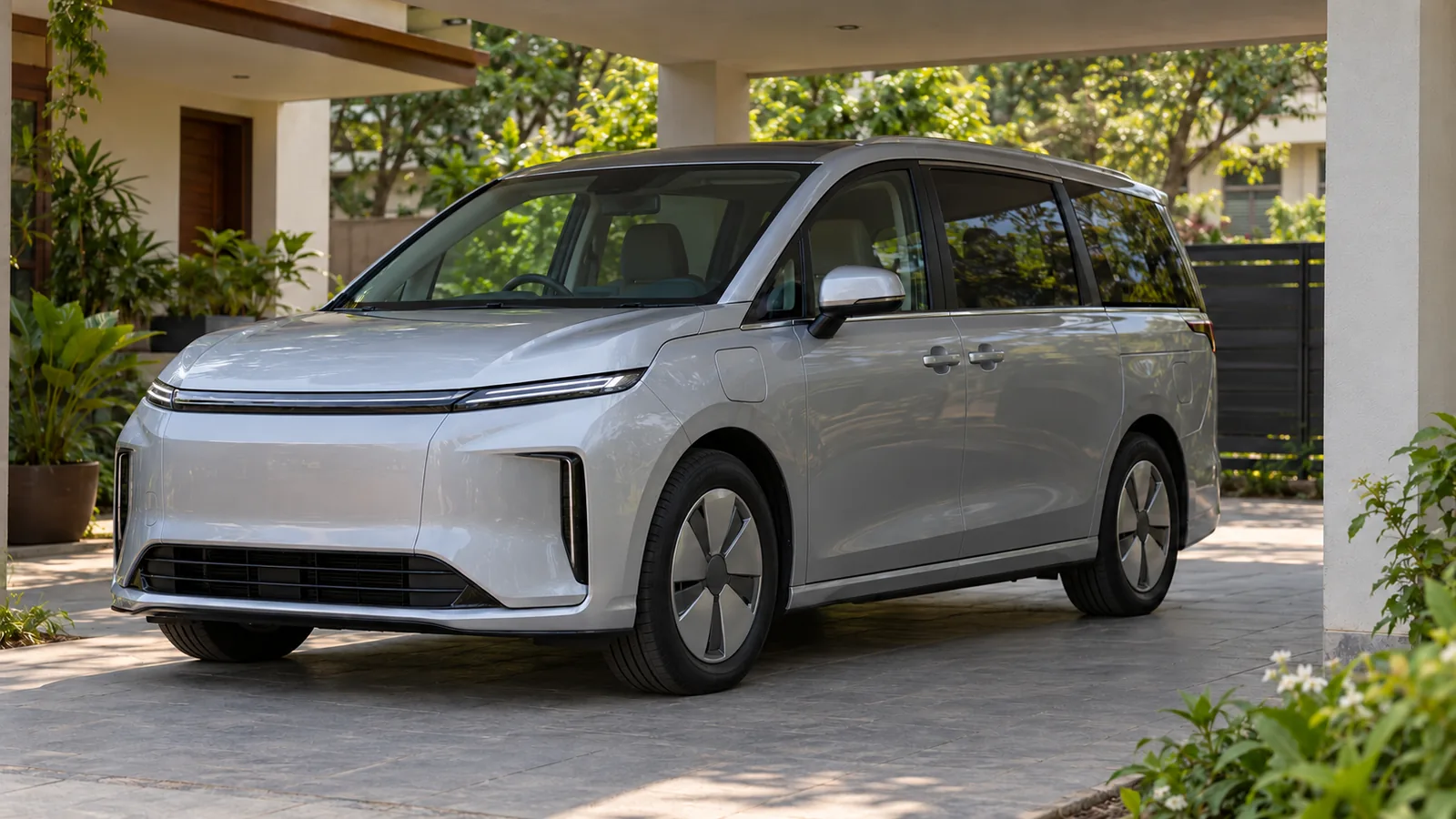 AI-generated illustration of a generic unbranded silver electric people carrier at an Indian home, not the actual MG M9 or an official design