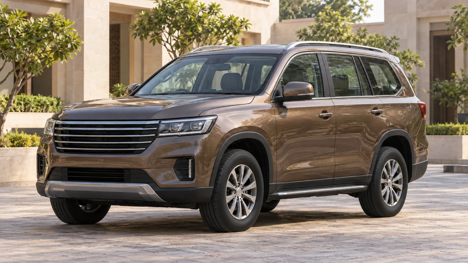 AI-generated generic unbranded bronze full-size SUV in an Indian courtyard, not an actual MG Majestor or seating configuration