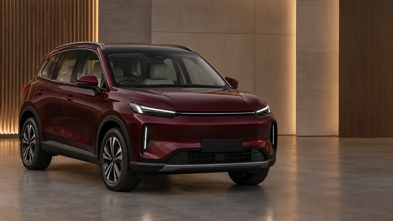 Illustrative generic burgundy electric crossover in a premium studio