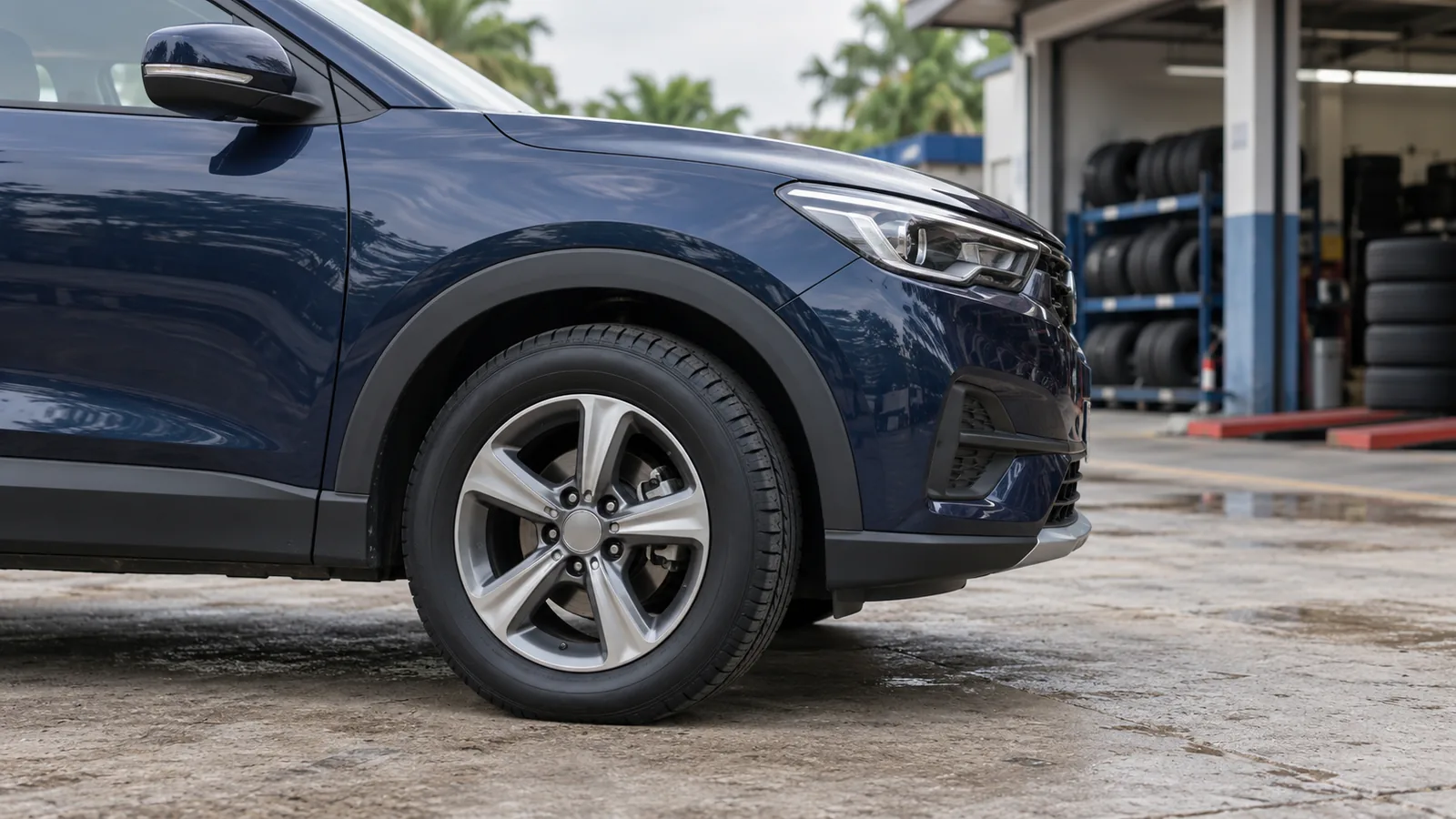 AI-generated illustration of a generic unbranded blue crossover wheel at an Indian tyre-service forecourt, not a named Michelin product or official facility