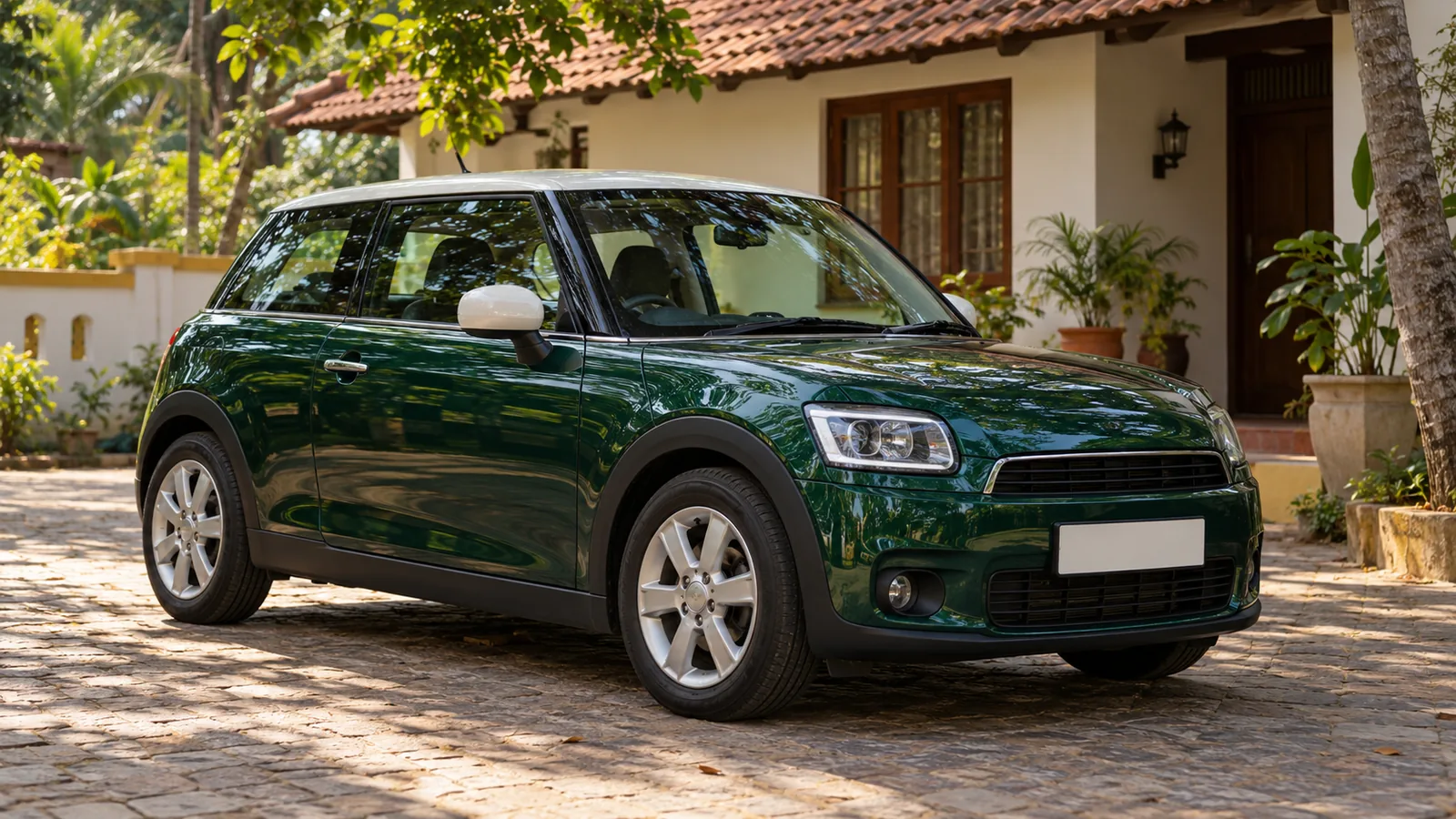 Generic unbranded forest-green three-door hatchback with an ivory roof in a Goan courtyard, illustrative scene