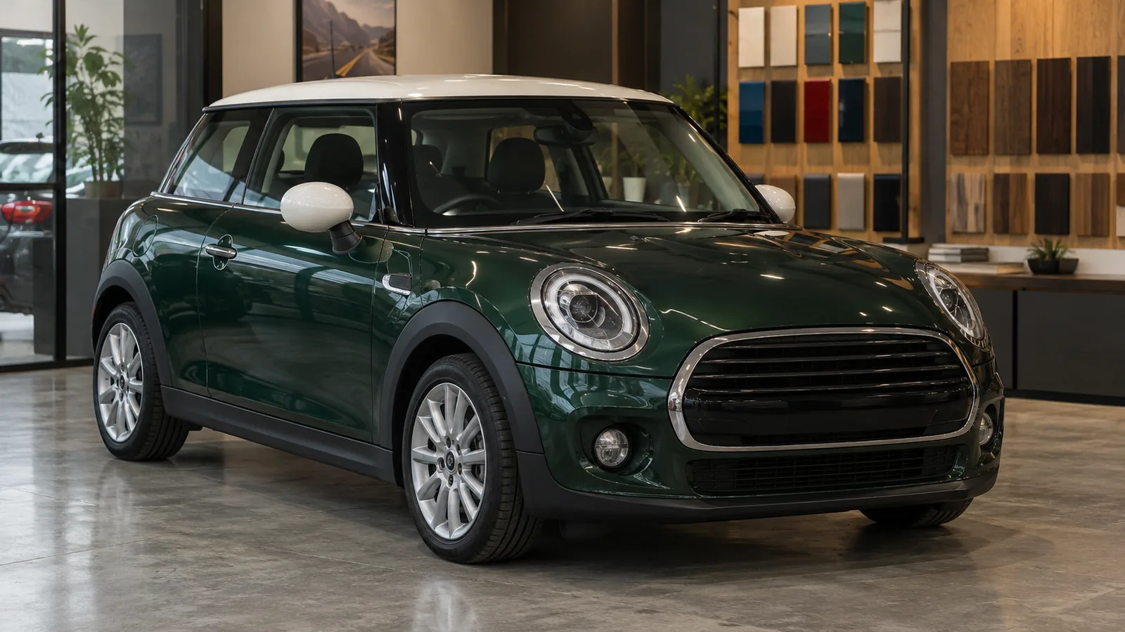 Illustrative unbranded green compact hatchback with a white roof in a detailing studio
