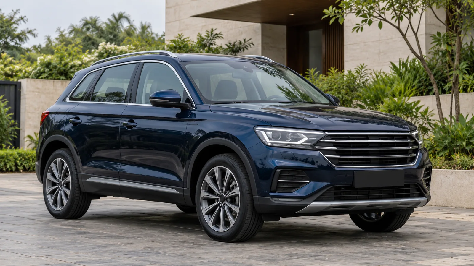 Illustrative generic navy-blue compact SUV parked beside a contemporary Indian residential driveway