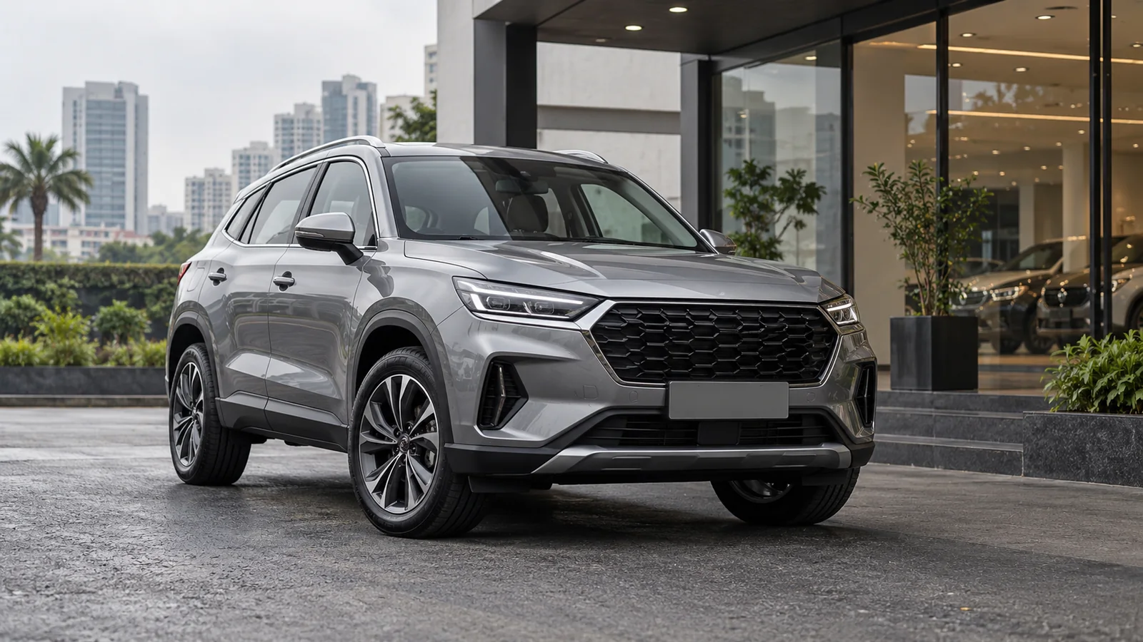 Generic unbranded premium compact SUV outside a modern Indian dealership, illustrating the new Audi Q3 buyer guide