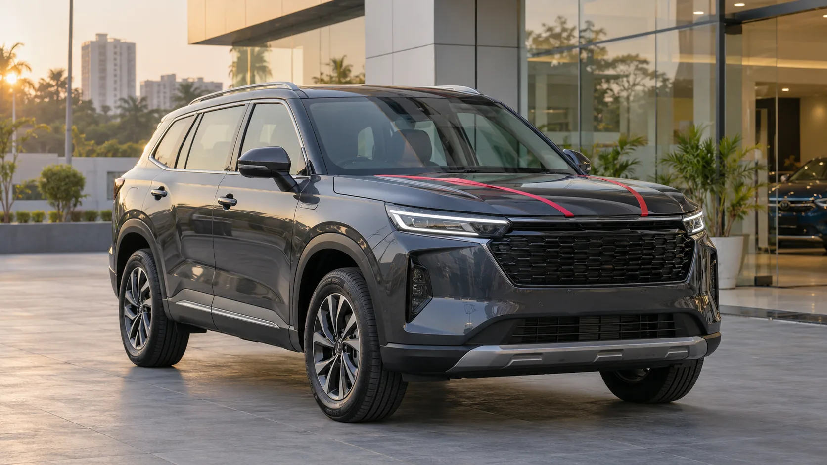 Illustrative unbranded midsize SUV with a launch ribbon outside a modern Indian dealership