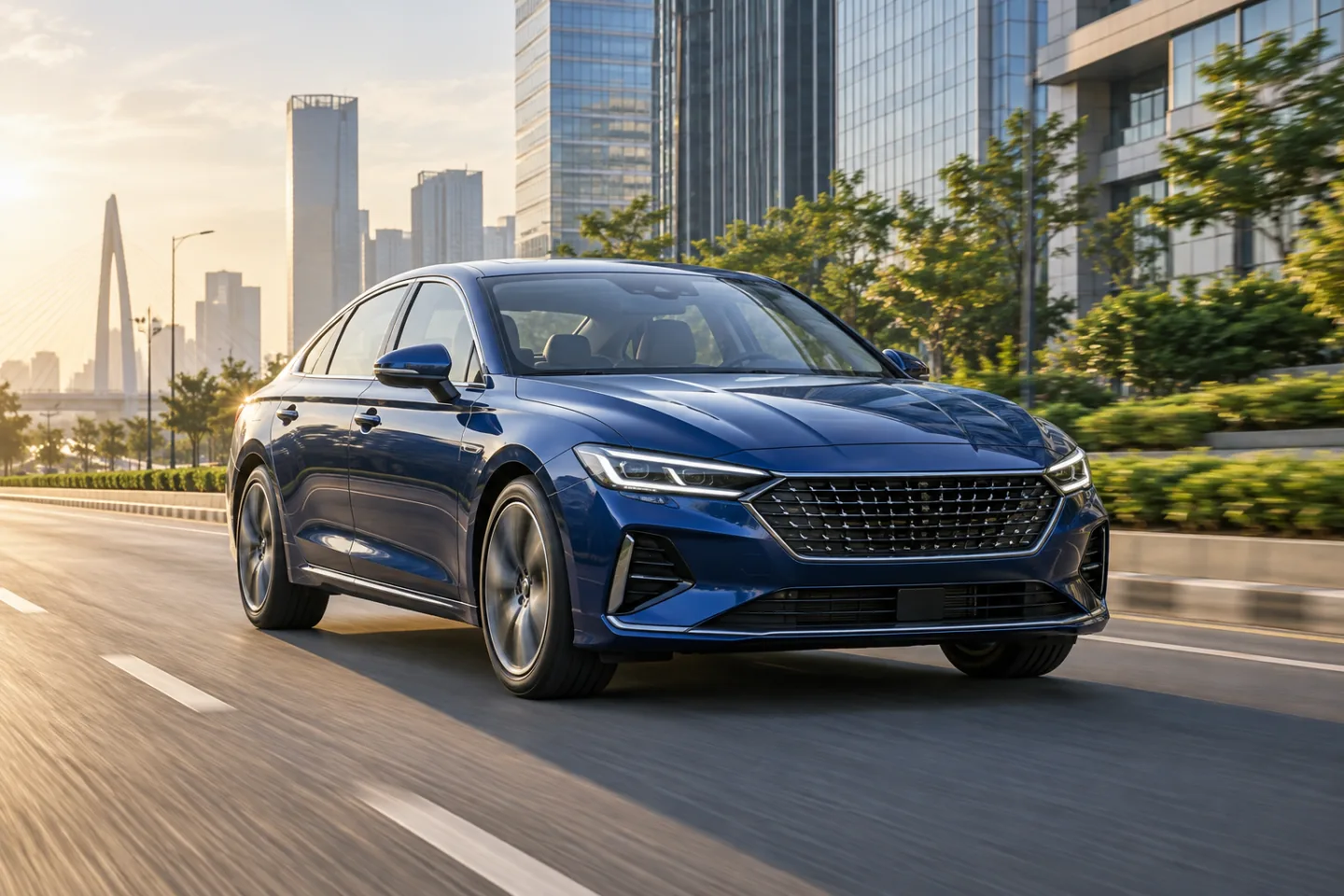 Blue premium midsize sedan driving through a modern Indian city at sunrise