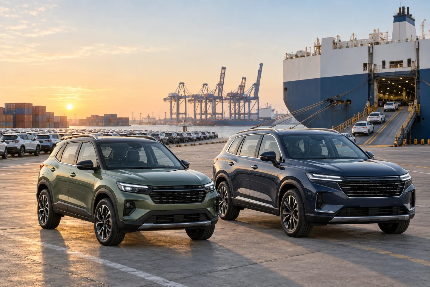 India-made SUVs at a vehicle export terminal during sunrise