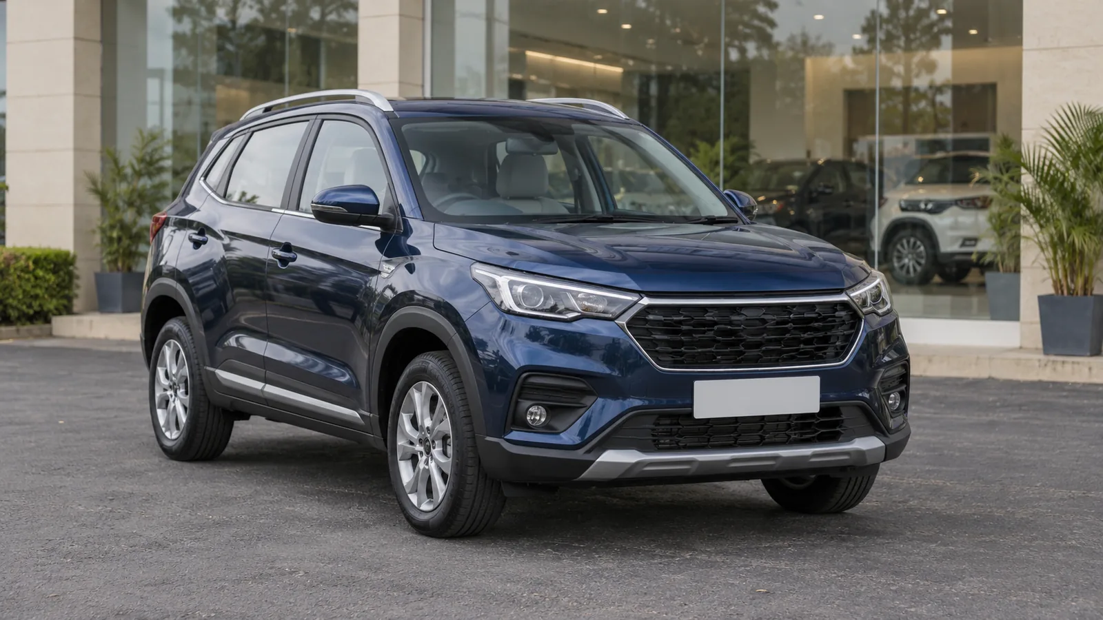 Illustrative unbranded blue compact crossover on an Indian automotive showroom forecourt