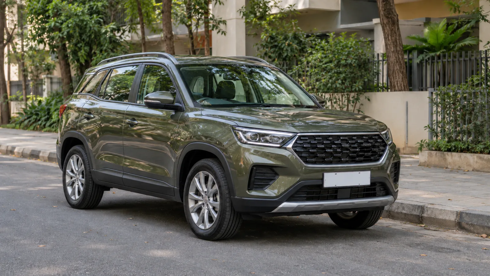 Illustrative unbranded olive-green crossover parked on a quiet residential street in Bengaluru