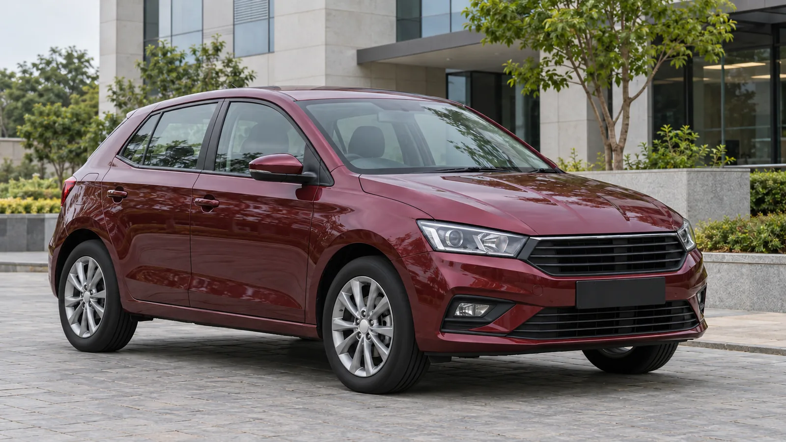 AI-generated generic maroon hatchback at an illustrative Indian technology campus, not a Volkswagen, Rivian or NXP vehicle or facility