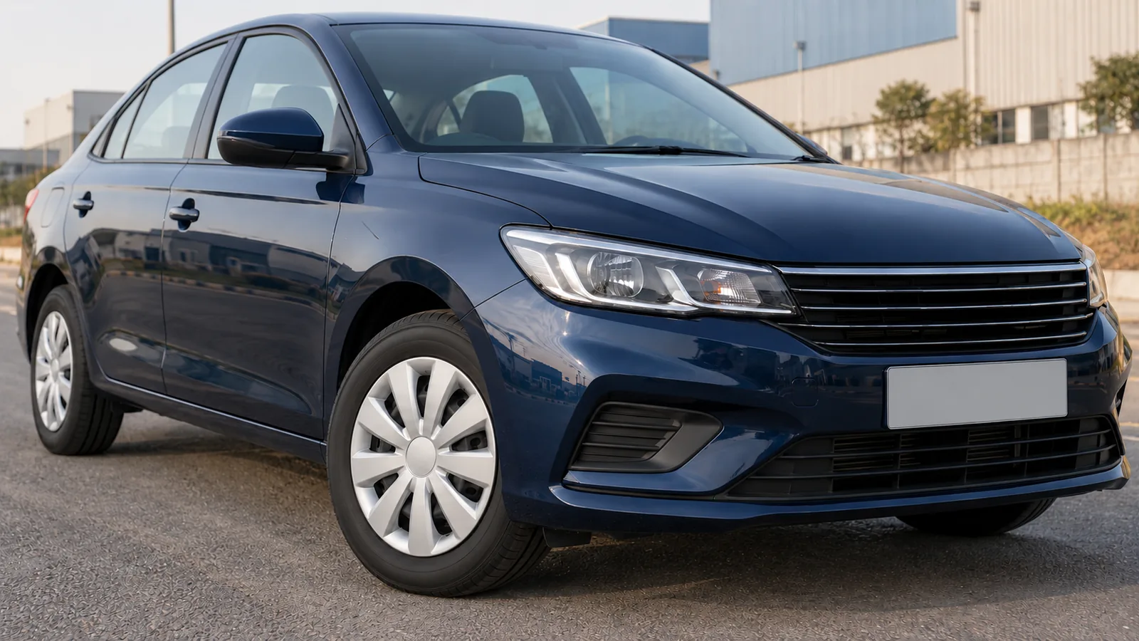 AI-generated generic unbranded sedan and road tyre at an illustrative Indian industrial estate, not a Pirelli or BKT product or plant