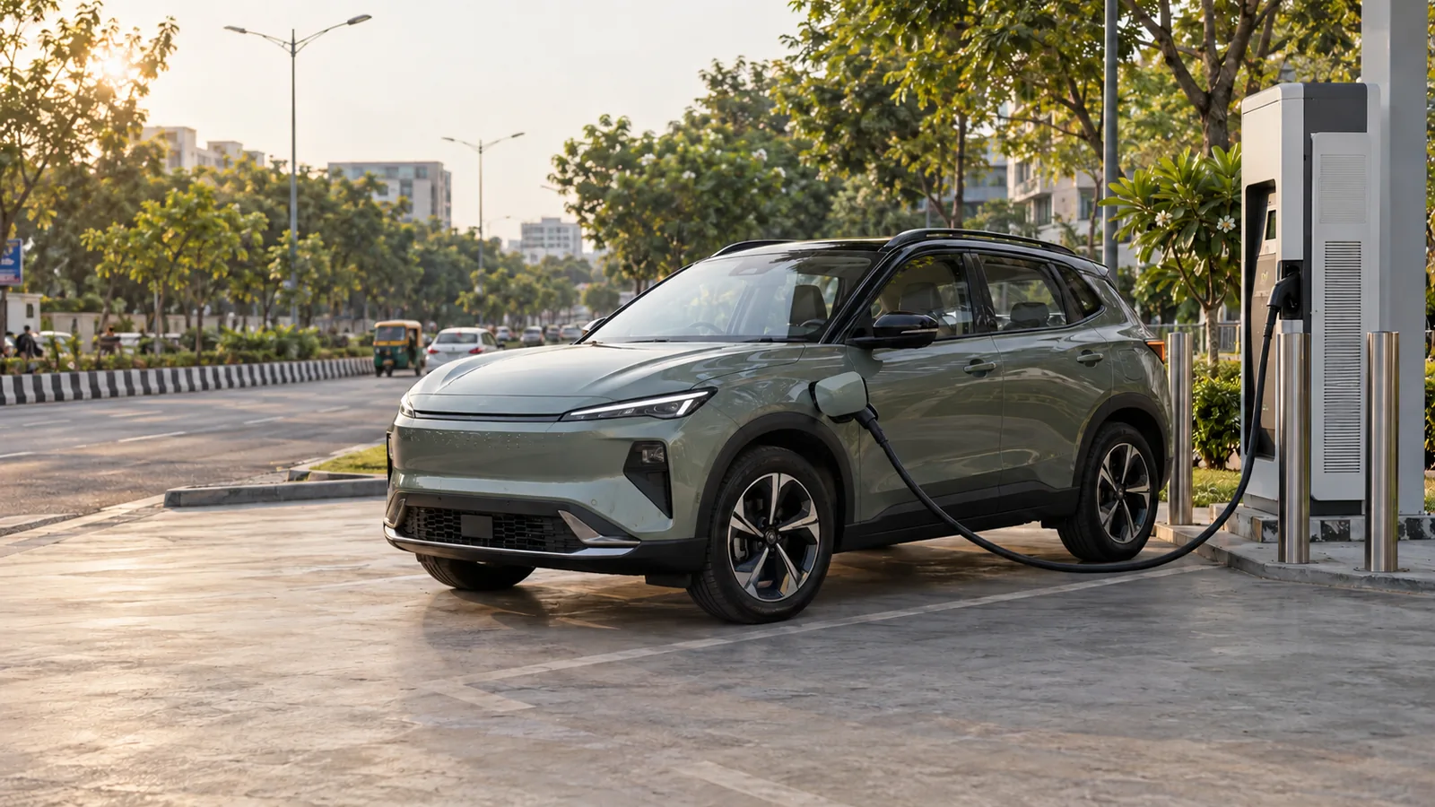 Generic unbranded electric SUV using a public fast charger beside an Indian city road