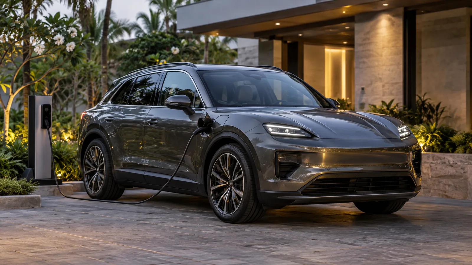 Illustrative unbranded luxury electric SUV charging at a premium Indian residence