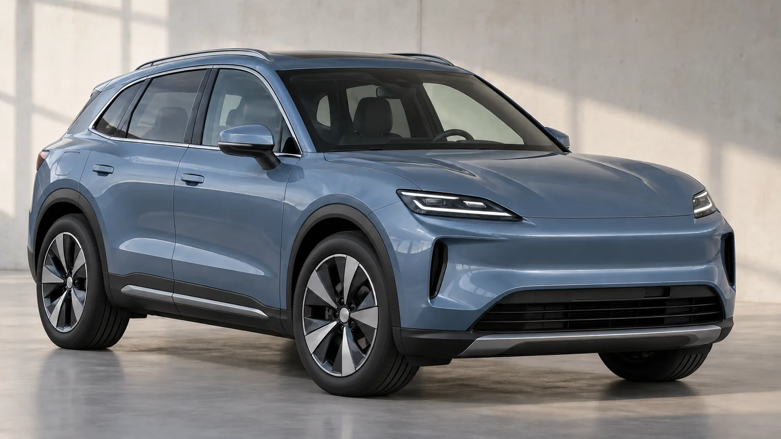 AI-generated generic steel-blue electric SUV in a photography studio; not a Porsche Cayenne Electric