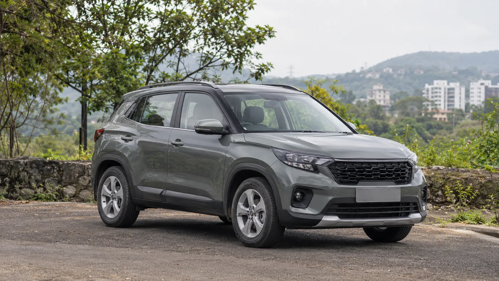 Illustrative unbranded compact SUV parked on a leafy road outside Pune, India
