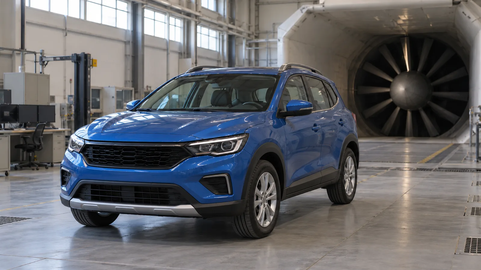 Illustrative unbranded blue crossover inside a generic automotive research workshop