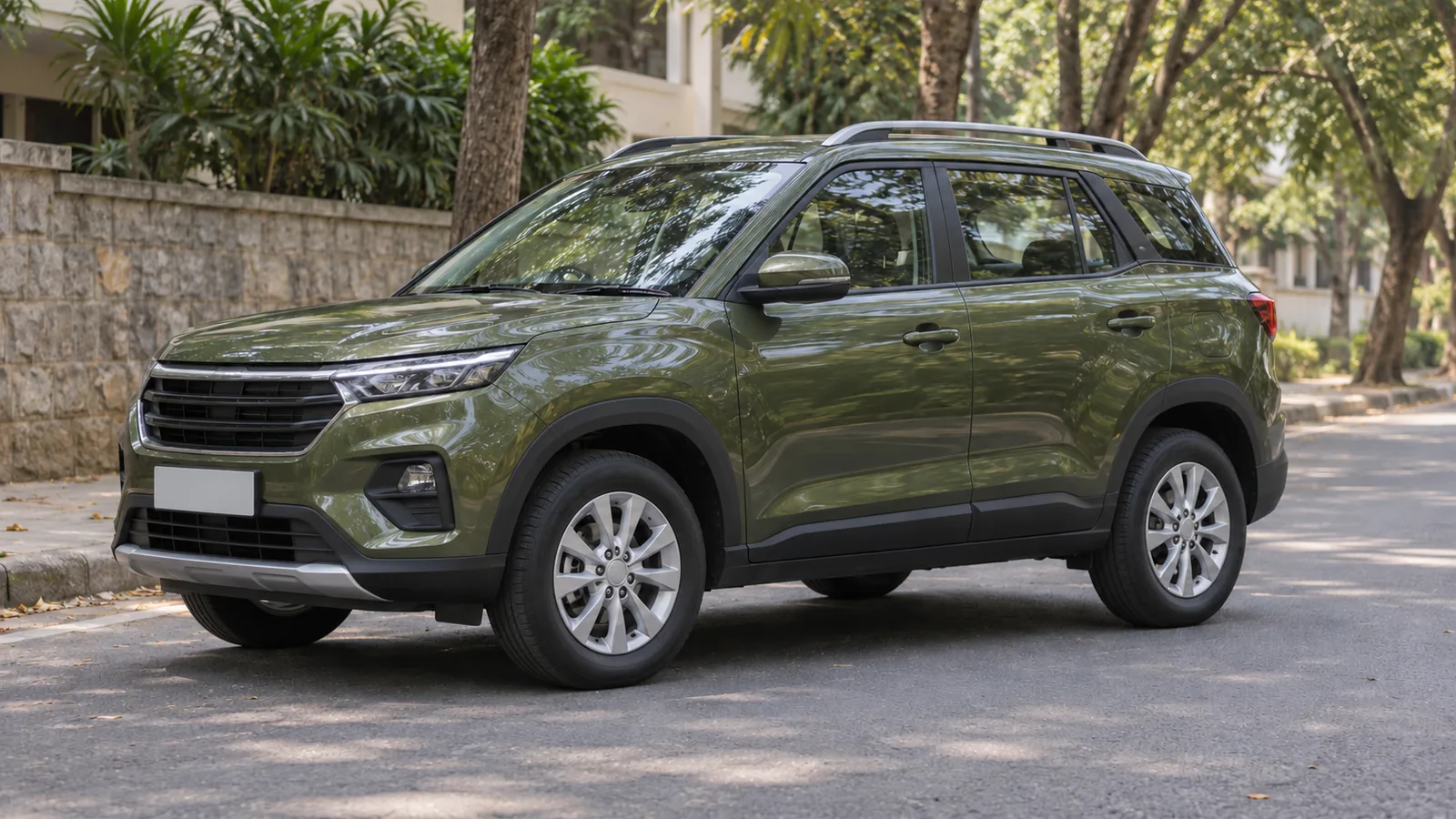 Illustrative unbranded olive green compact crossover parked on a leafy Indian residential road