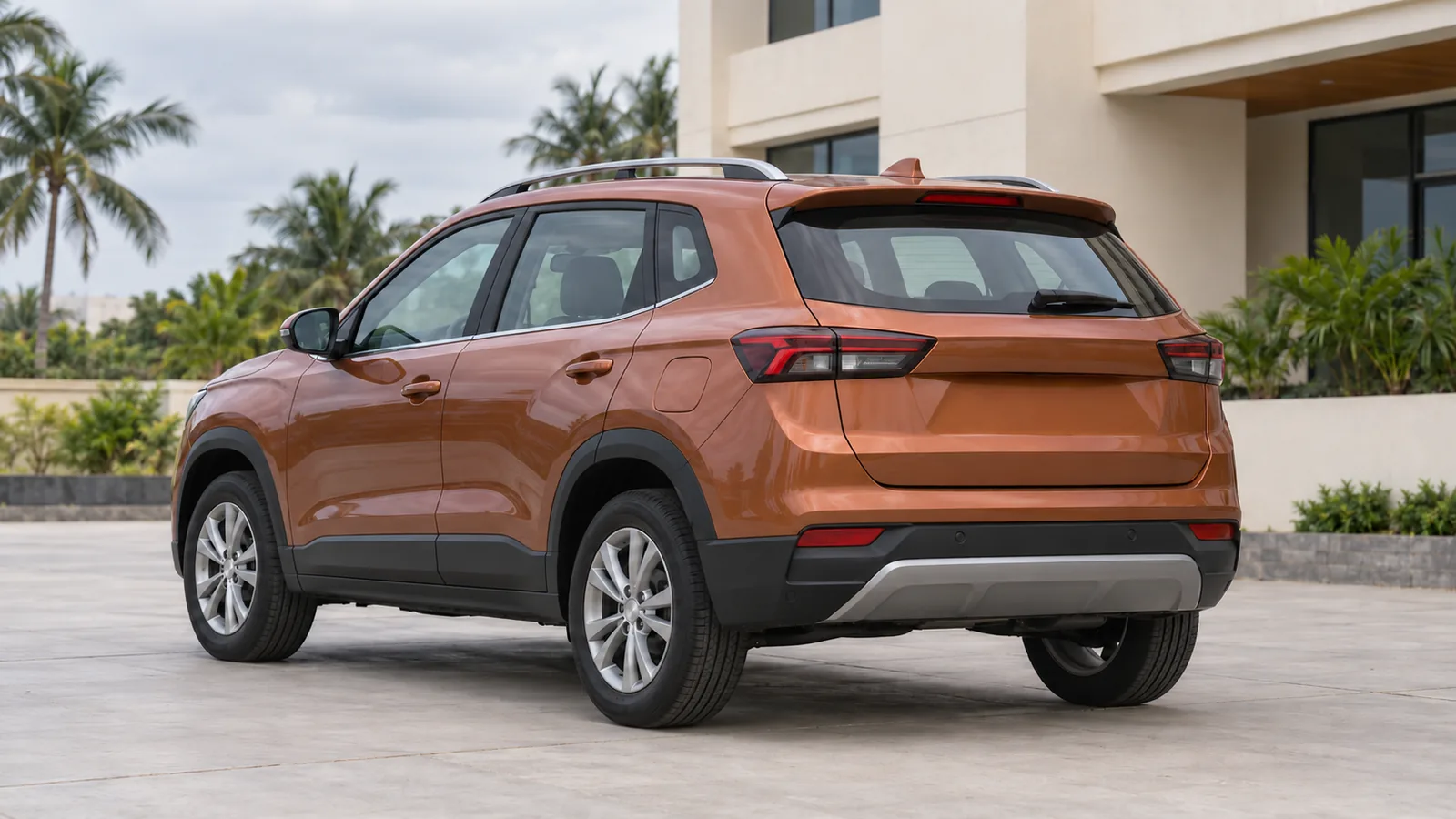 AI-generated generic unbranded copper crossover in an illustrative Tamil Nadu courtyard, not a Renault model or company facility